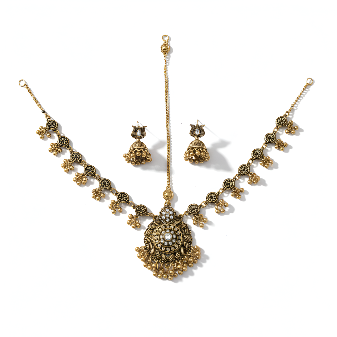 Golden Matha Patti with Jhumka Set