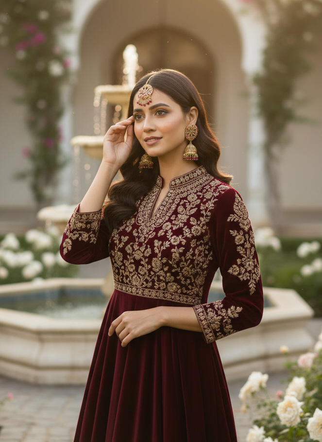 Woman in a maroon embroidered dress standing in a garden with flowers and a fountain.