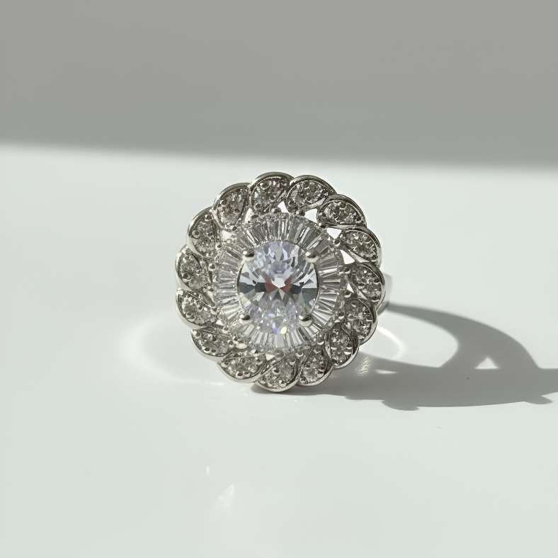 Diamond ring with intricate design on a white background