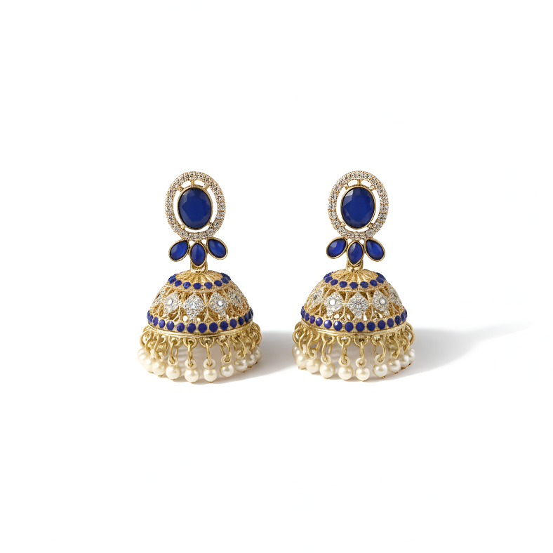 Pair of gold and blue earrings on a white background