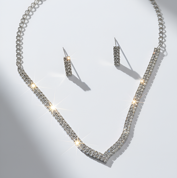 Silver necklace and earrings set on a light gray background
