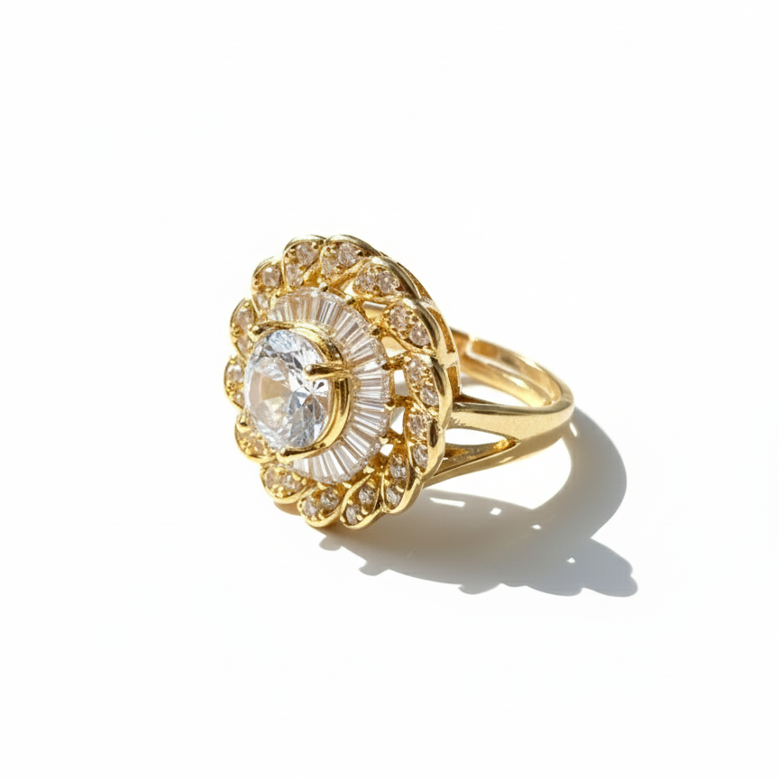 Gold ring with a central diamond and smaller stones on a white background