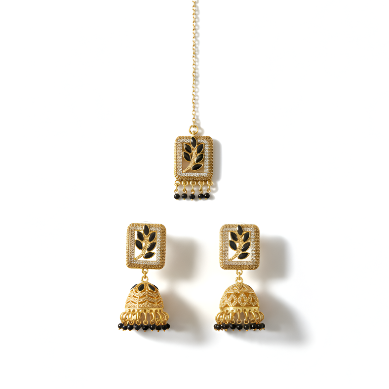 Gold earrings with intricate designs on a white background