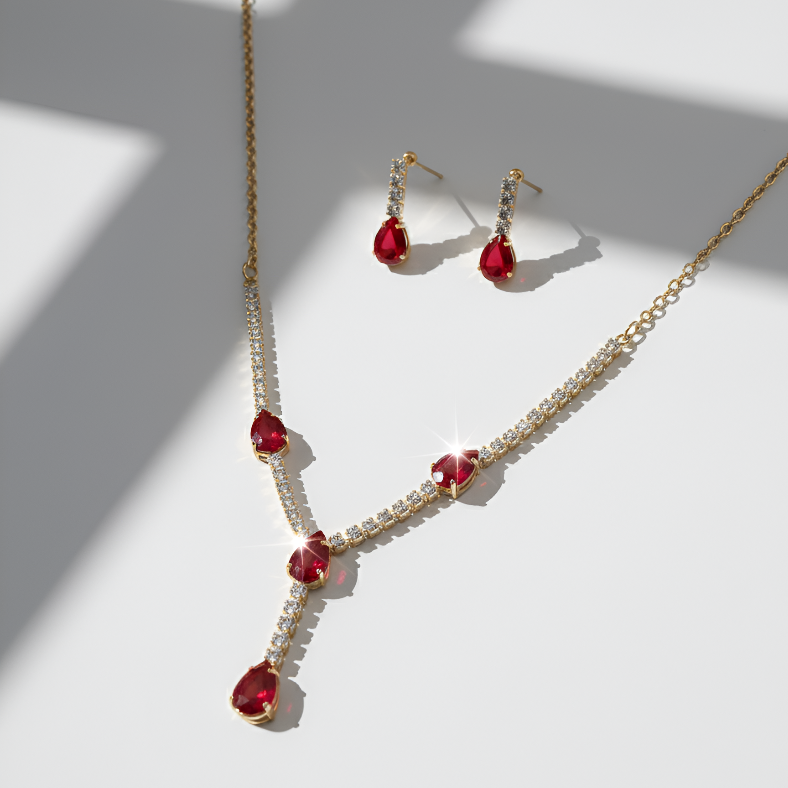 Jewelry set with red gemstones on a white background