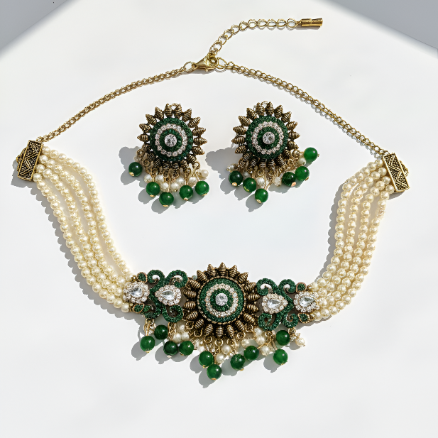 Jewelry set with necklace and earrings on a white background