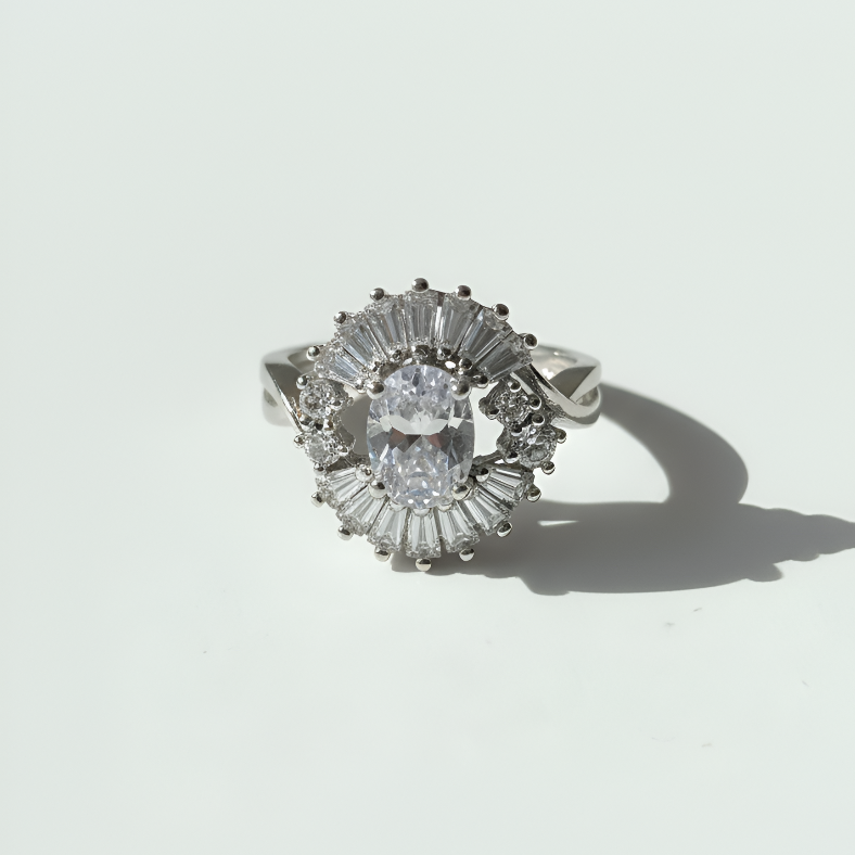 Silver ring with a central diamond and baguette-cut stones on a white background