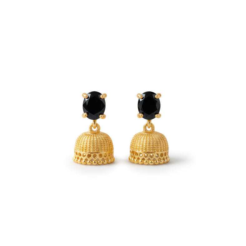 Gold earrings with black gemstones on a white background
